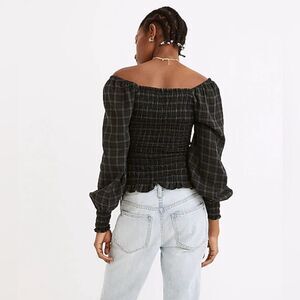 Madewell Forest Green/Blue Lucie Bubble-Sleeve Smocked Top in Plaid XL